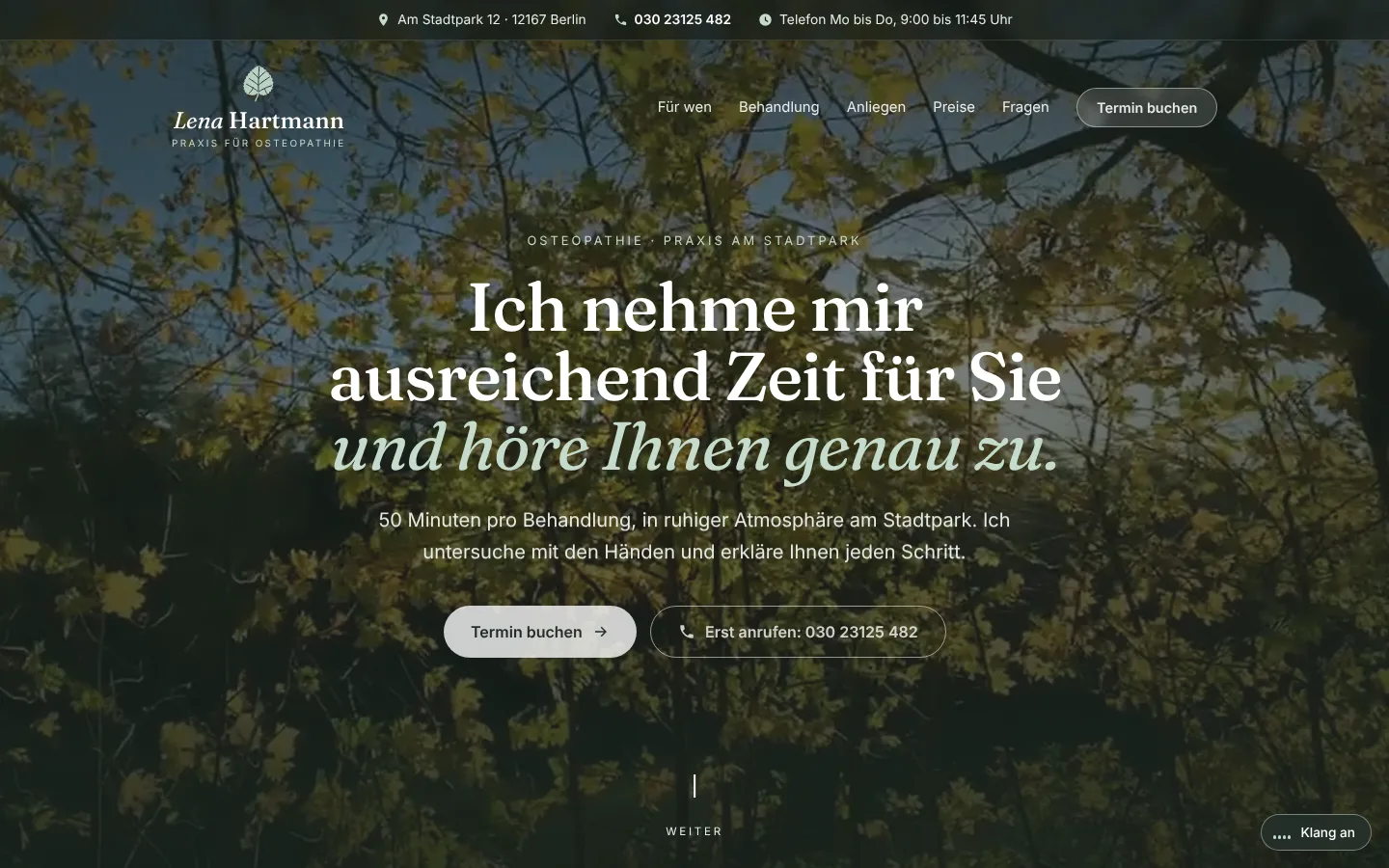 Startseite der Beispielseite Osteopathie Lena Hartmann